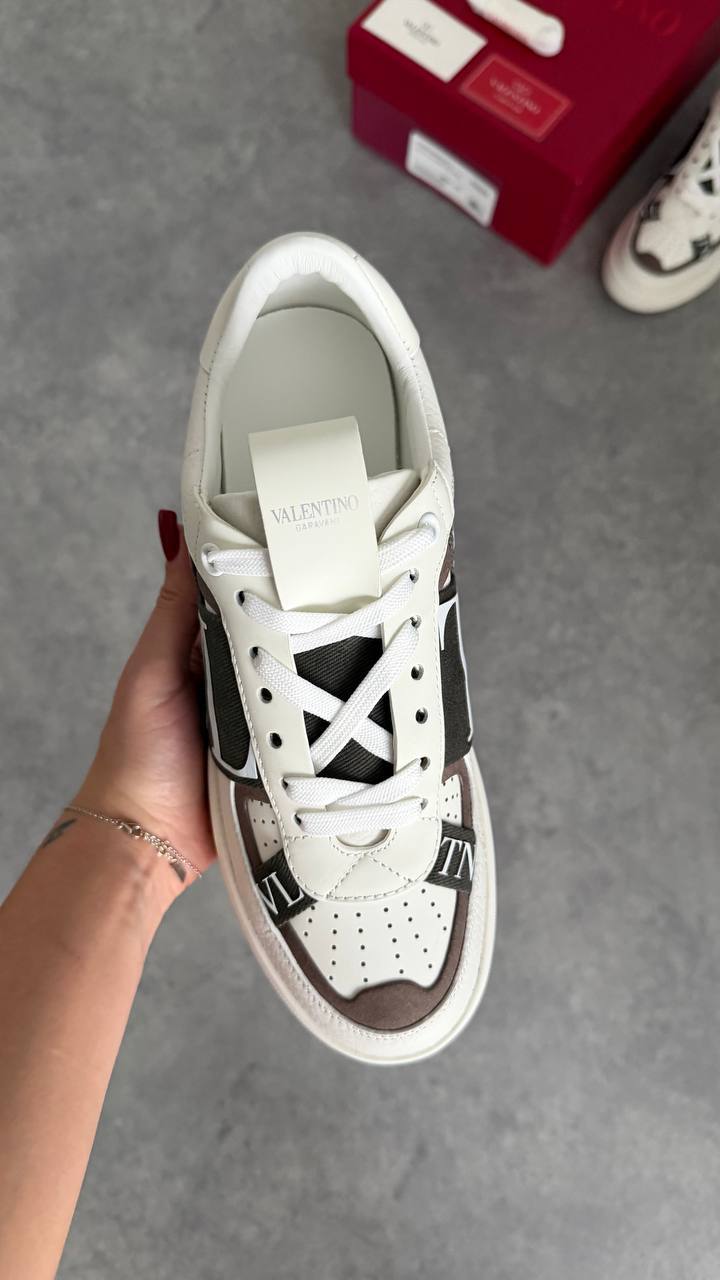 Valentino Garavani Open Low White Leather with Brown Suede & VLTN Strap Sneaker