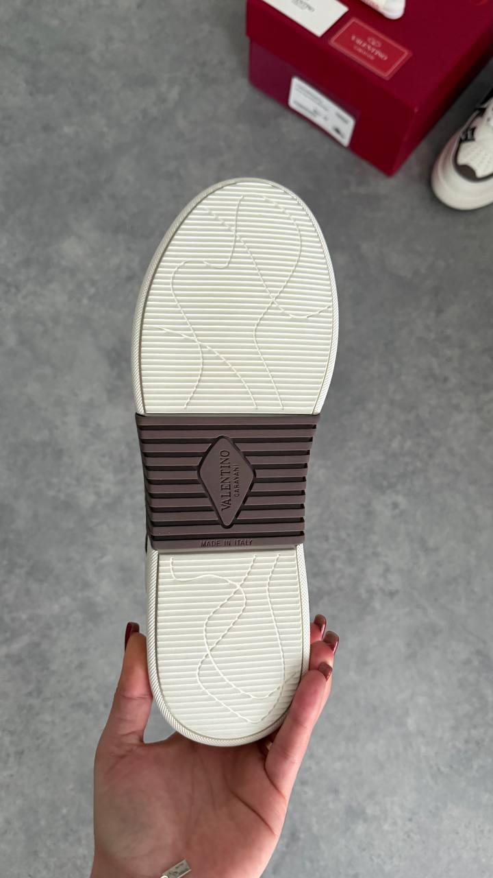 Valentino Garavani Open Low White Leather with Brown Suede & VLTN Strap Sneaker