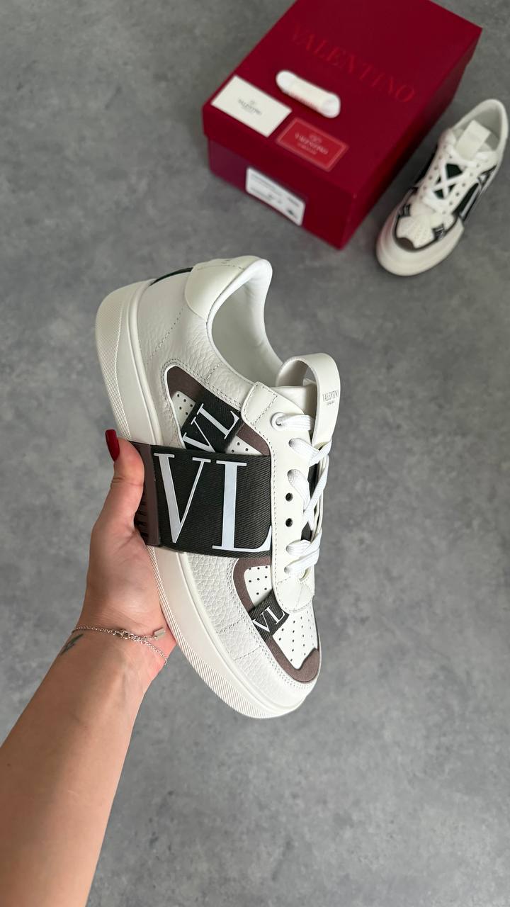 Valentino Garavani Open Low White Leather with Brown Suede & VLTN Strap Sneaker