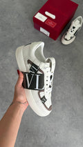 Valentino Garavani Open Low White Leather with Brown Suede & VLTN Strap Sneaker