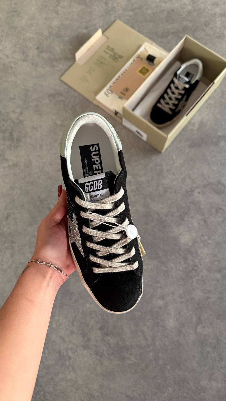 Golden Goose Superstar Black Suede with Silver Glitter Star & White Heel Tab Sneaker