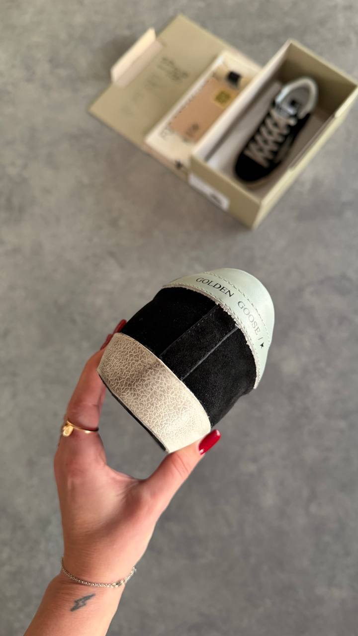 Golden Goose Superstar Black Suede with Silver Glitter Star & White Heel Tab Sneaker