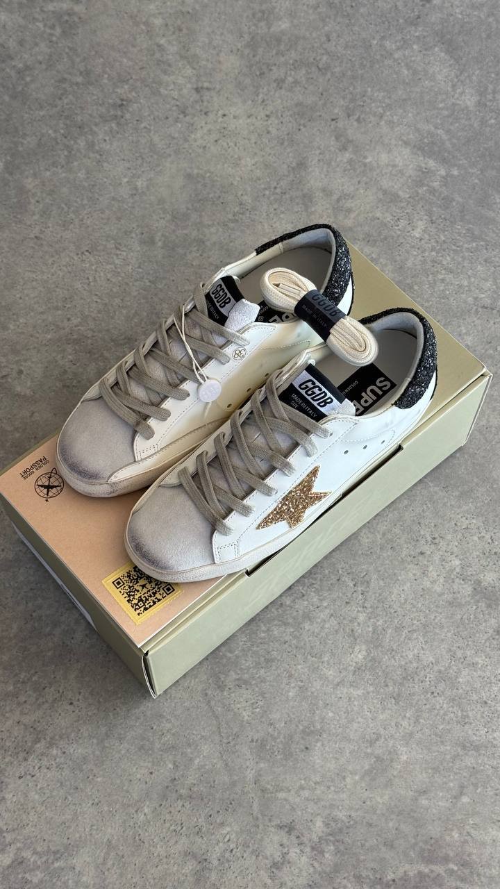 Golden Goose Superstar White Leather with Gold Glitter Star & Black Glitter Heel Tab Sneaker