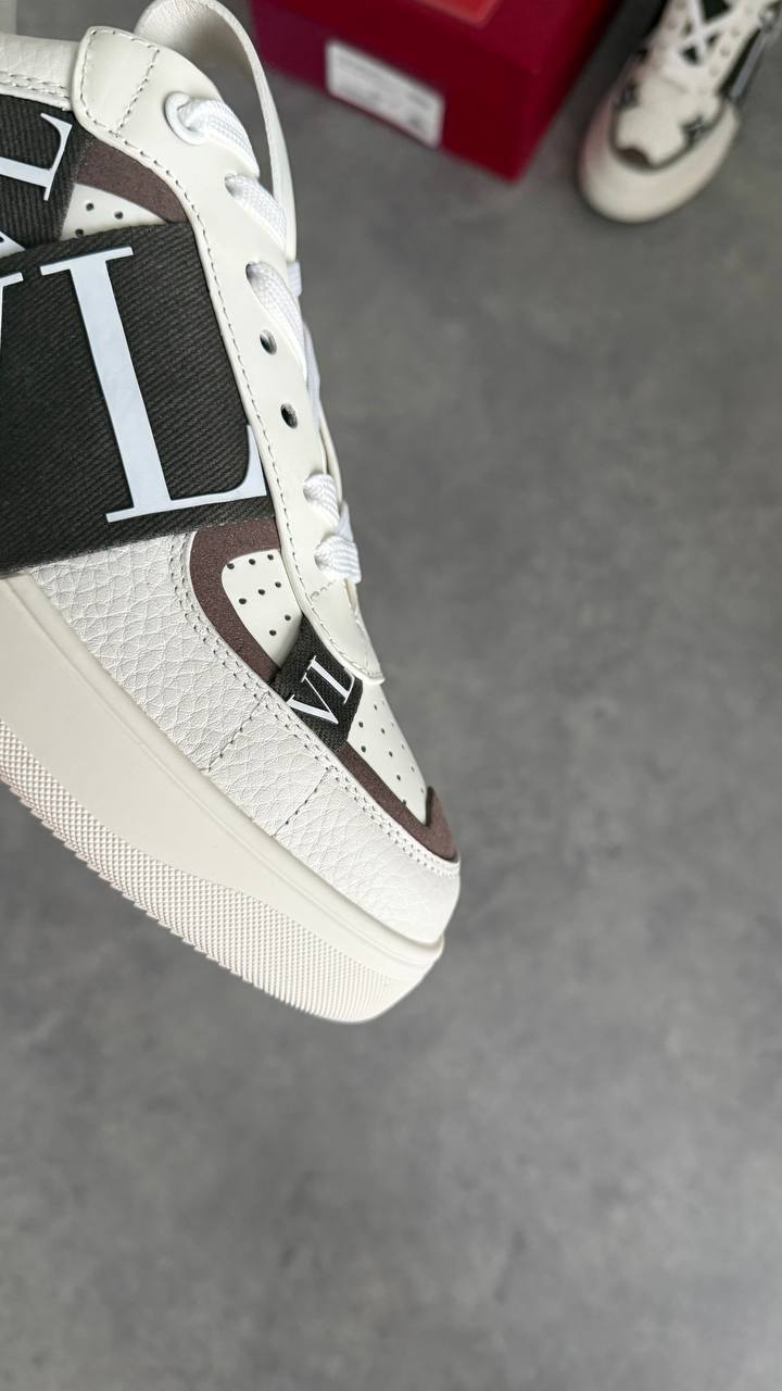 Valentino Garavani Open Low White Leather with Brown Suede & VLTN Strap Sneaker