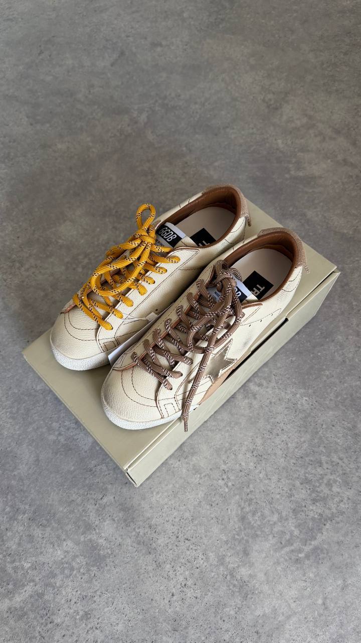 Golden Goose Superstar White Leather with Brown Leather Star & Multicolor Laces