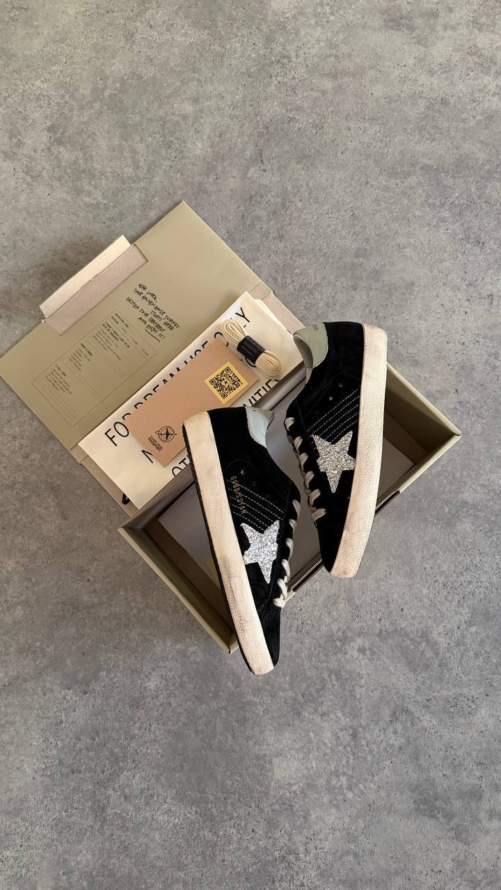 Golden Goose Superstar Black Suede with Silver Glitter Star & White Heel Tab Sneaker