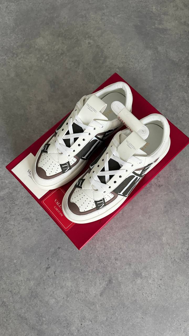 Valentino Garavani Open Low White Leather with Brown Suede & VLTN Strap Sneaker