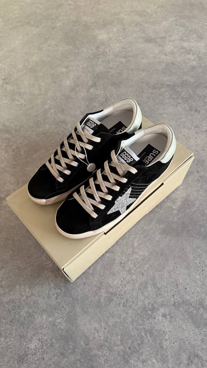 Golden Goose Superstar Black Suede with Silver Glitter Star & White Heel Tab Sneaker