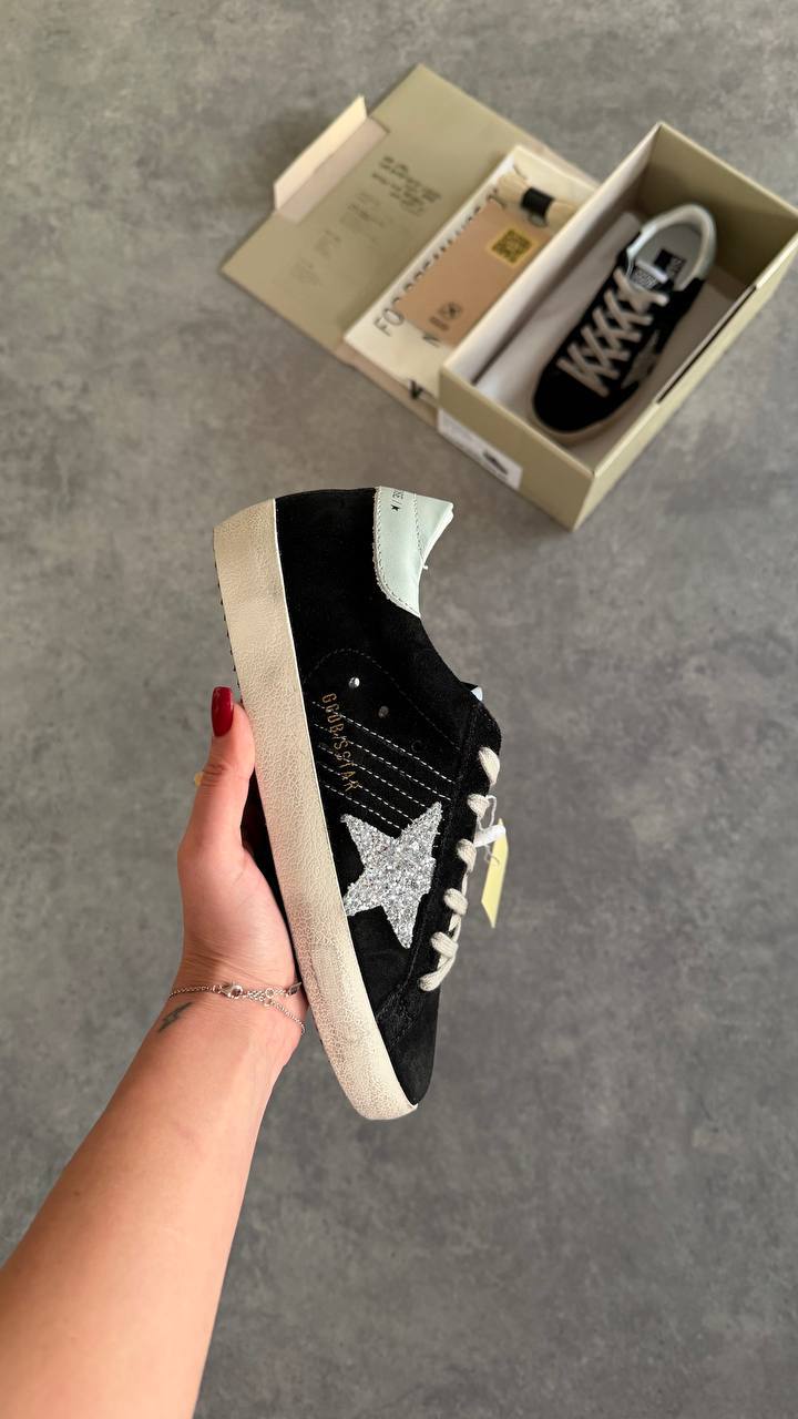 Golden Goose Superstar Black Suede with Silver Glitter Star & White Heel Tab Sneaker
