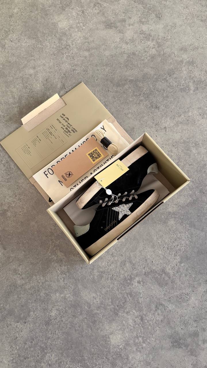 Golden Goose Superstar Black Suede with Silver Glitter Star & White Heel Tab Sneaker