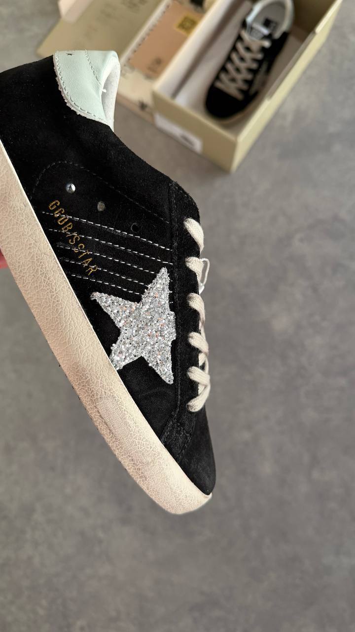 Golden Goose Superstar Black Suede with Silver Glitter Star & White Heel Tab Sneaker