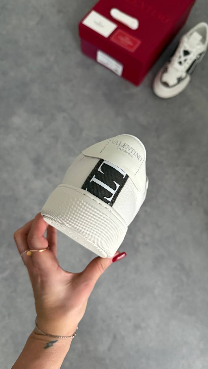 Valentino Garavani Open Low White Leather with Brown Suede & VLTN Strap Sneaker