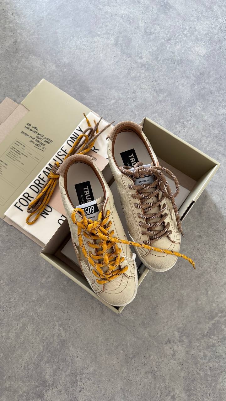 Golden Goose Superstar White Leather with Brown Leather Star & Multicolor Laces